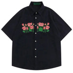 Rose Embroidered Corduroy Short Sleeve Shirt