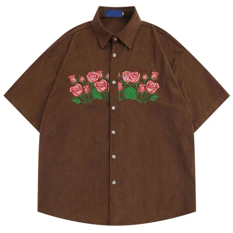 Rose Embroidered Corduroy Short Sleeve Shirt – COLDLINE CLOTHING