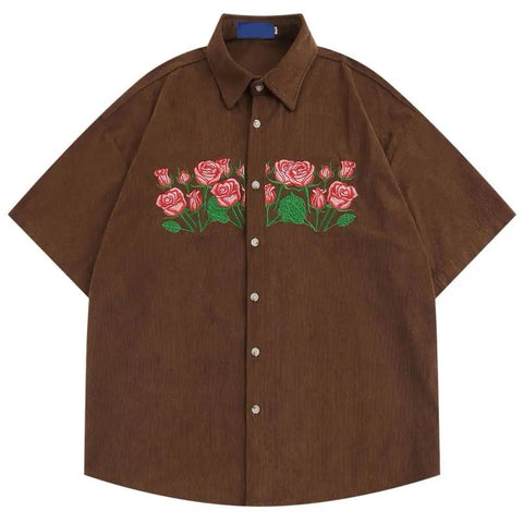 Rose Embroidered Corduroy Short Sleeve Shirt