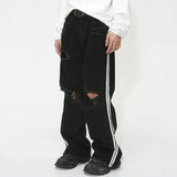 Side Stripe Baggy Distressed Jeans