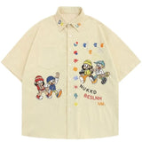 Vintage Cartoon Embroidered Corduroy Short Sleeve Shirt