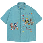 Vintage Cartoon Embroidered Corduroy Short Sleeve Shirt