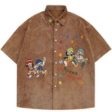 Vintage Cartoon Embroidered Corduroy Short Sleeve Shirt