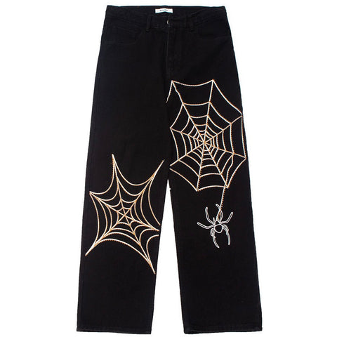 Retro Spider Web Embroidered Jeans
